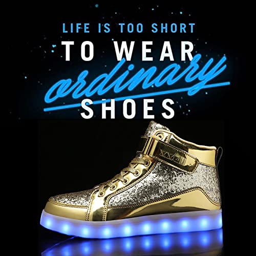 IGxx LED Light Up Shoes for Men Women Sparkly Sneakers High Top - color: Glitter Gold, size: 5 Women/5.5 Men