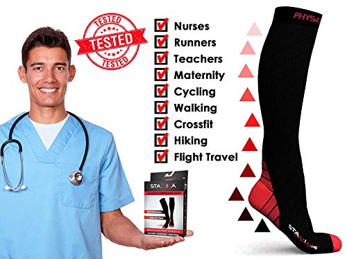 Physix Gear Compression Socks 20-30 mmHg - Men & Women - Running, Nurses, Shin Splints, Flight, Travel - color: Black/Red, size: Large-X-Large