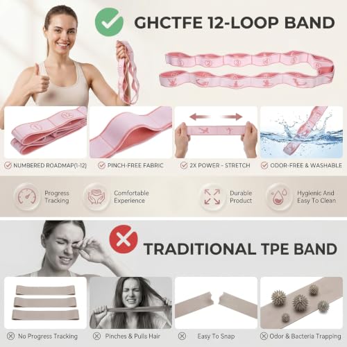 Pink Stretch Band for Women 12 Loop Number Elastic Fitness Exercise Band for Working Out Stretching Strap Resistance Bands for Physical Therapy Exercise Flexible Pilates Dance Gymnastics