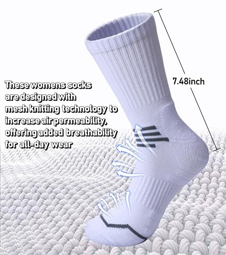 FNOVCO Women's Hiking Walking Running Crew Socks Thick Cushioned Athletic Compression Socks 5 Pairs - color: White, size: 9-11