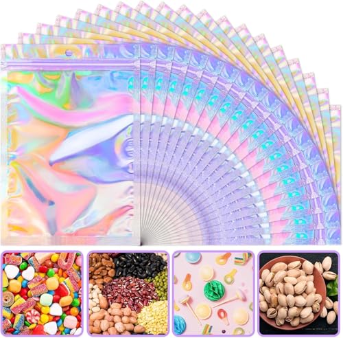 ANZNKU Holographic Mylar Bags 8x12 Large Resealable 50PCS Candy Goodie Bags - color: Holographic, size: 8x12 Inch