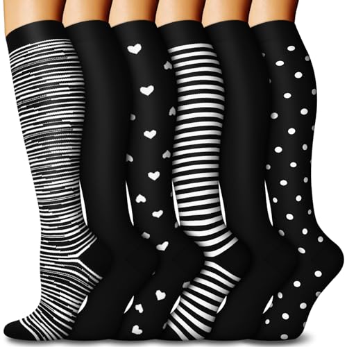 6 Pairs Compression Socks for Women & Men 15-20mmHg Knee High Socks - color: 10 - Black, size: Small-Medium