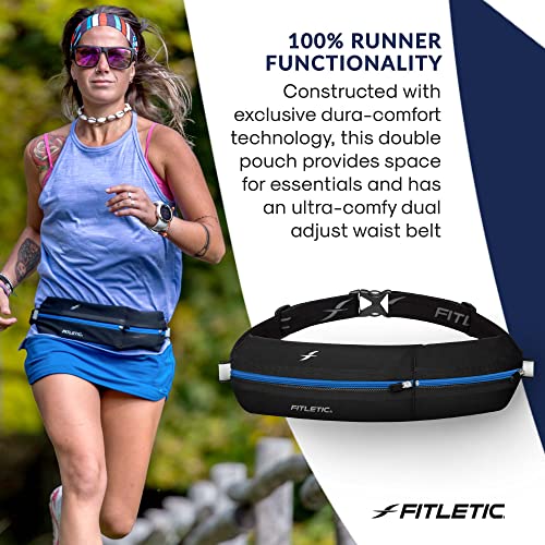 Fitletic Bolt Double Pocket Running Belt & Active Fanny Pack For Men & Women – Water Resistant, Lightweight Sleek Design – Patented No Bounce Hip Hugging Fit – Holds Any Phone - color: Black & Blue