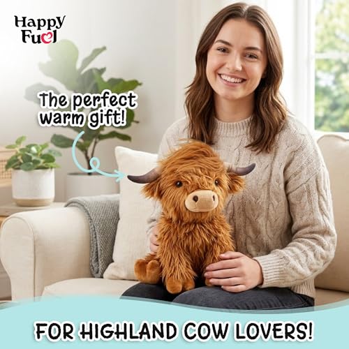 Highland Cow Microwavable Stuffed Animal – 1.5 lb Unscented Heating Pad Plush, Soft Cozy Cute Cow Toy for Relaxation and Comfort, Gift for Women, Girls, Adults & Kids by Happy Fuel - color: Brown Highland Cow (Sitting Down)