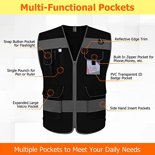 TCCFCCT Mesh Black Safety Vest for Men 9 Pockets High Visibility Vest, L - color: Black-bison 03, size: Large