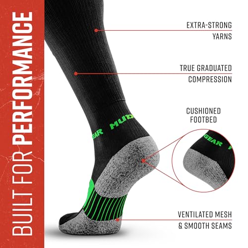 MudGear Graduated Compression Socks, Durable, Sweat-Resistant OCR Performance Socks with Cushioned Footbed, Made in USA - color: Black/Green, size: X-Large
