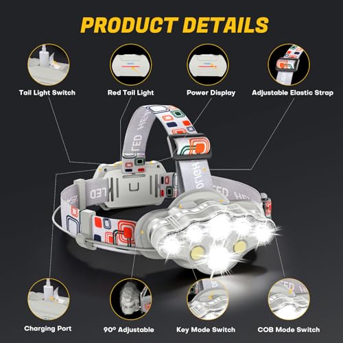 MIOISY 8 Led Headlamp Rechargeable, Super Bright Headlight Flashlight Gray - color: Gray