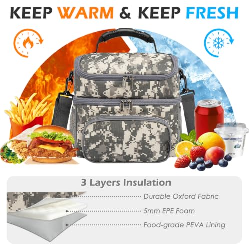 FlowFly Double Layer Cooler Insulated Lunch Bag Adult Lunch Box Large Tote Bag for Men, Women, With Adjustable Strap,Front Pocket and Dual Large Mesh Side Pockets - color: Digital Camo