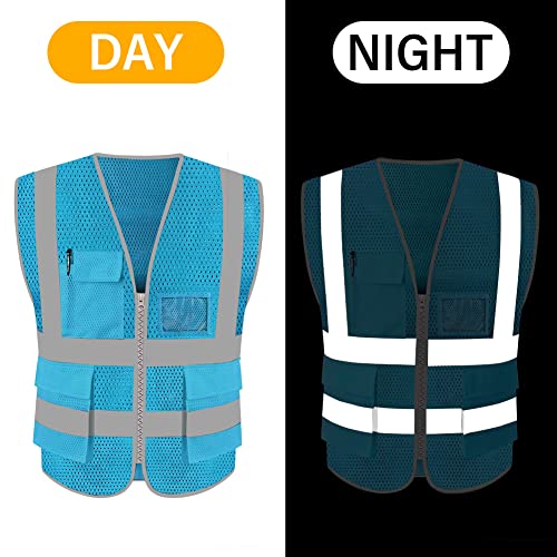 HYCOPROT High Visibility Mesh Safety Reflective Vest with Pockets and Zipper, Meets ANSI/ISEA Standards - color: Skyblue, size: 3X-Large