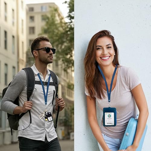 bolimoss 2-in-1 ID Badge Holder & Lanyard Wallet, Leather ID Badge Card Holder Wallet with 5 Card Slots, 1 Side Zipper Pocket,Detachable Keychain Lanyards for Office Worker School Teacher, Navy Blue - color: Navy Blue