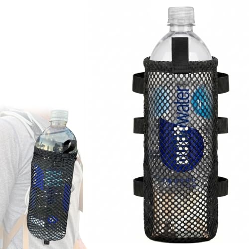 Water Bottle Holder for Backpack Non-Detachable Shoulder Straps - Fits 1L Smartwater, Detachable Rear Clips, Ultralight 0.7 oz, Durable Nylon Mesh Backpack Attachment