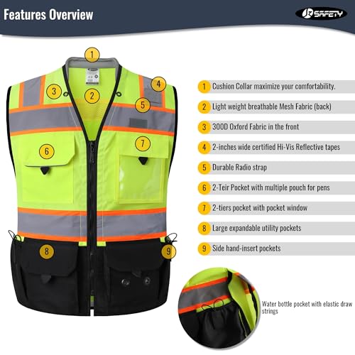 JKSafety Hi-Vis Unisex Surveyor Safety Vest Heavy Duty PPE Inner Pockets ANSI/ISEA Compliant - color: 188-yellowblack, size: Small