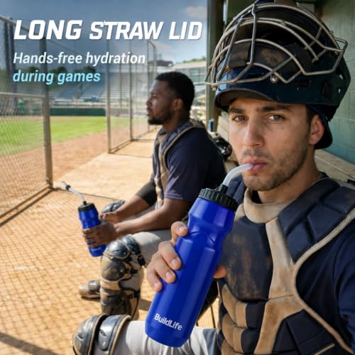 Hockey Water Bottle with Long Straw-32 OZ Squeeze Water Bottle for Football - color: Blue