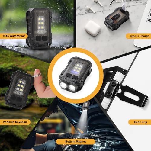 Mini EDC Flashlight, Small Powerful Keychain Flashlight with Sidelight, High Lumens 800lm, USB-C Rechargeable, Keychain Light with Clip - 8 Mode, IPX4 Waterproof, for Hiking, Running, Black