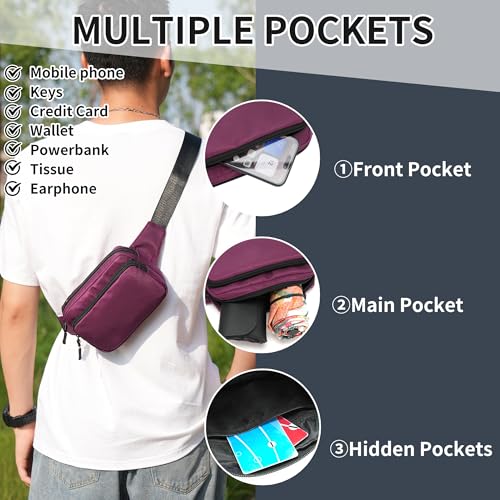 Fanny Pack Nylon Mini Belt Bag Everywhere Belt Bag for Women Water Repellent Waist Packs Crossbody Bags with Adjustable Strap - color: Purple