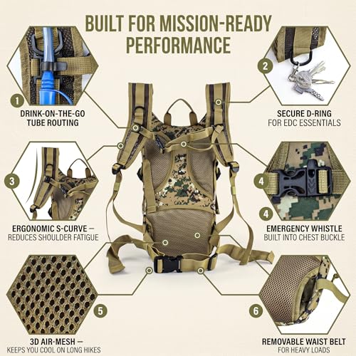 Tactical Hydration Backpack 2L Water Bladder - Lightweight Durable Pack for Hiking, Running, Outdoor Adventures, Adjustable Straps & Leak-Proof Design - color: Woodland Digital Camo