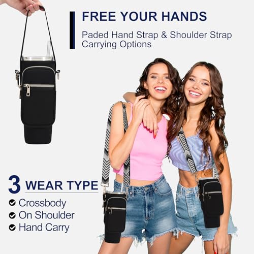 GOEWY Water Bottle Carrier Bag for Stanley Cup 40/30oz with Phone Pockets - color: Black（Upgraded with Gift Box）, size: 40oz