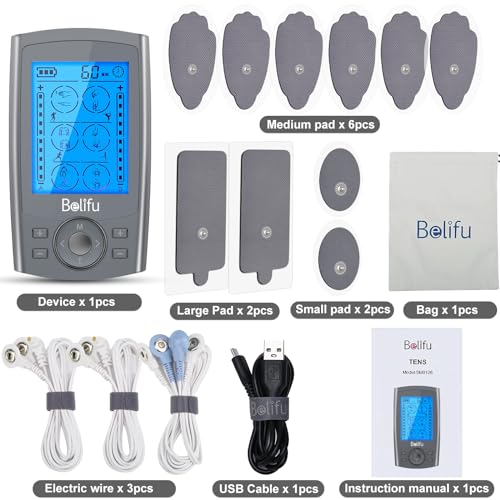Belifu Dual Channel TENS EMS Unit 24 Modes Muscle Stimulator for Pain Relief Therapy, Electronic Pulse Massager Muscle Massager with 10 Pads, Dust-Proof Drawstring Storage Bag, Fastening Cable Ties - color: Gray