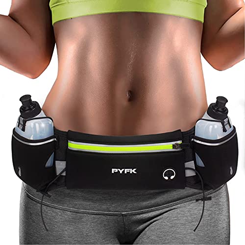 PYFK Running Belt with Water Bottles, Hydration Belt for Men and Women, Water Bottle Holder Running Pouch Water Belt, Fanny Pack Fits 7 inches Phones, Waist pack for Runner Jogging - color: green