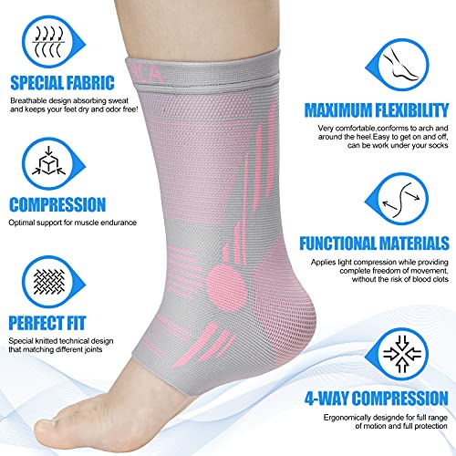 NEENCA Foot & Ankle Brace Socks for Sprained-Ankle Compression Sleeves Set - color: Pink Grey, size: Large