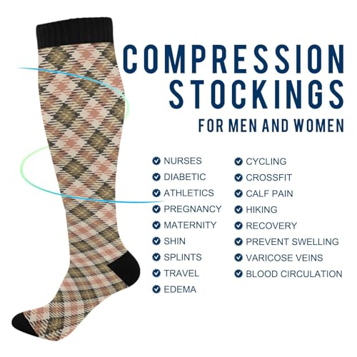 JUNZAN Buffalo Plaid Red Black Knee High Socks Compression Socks for Women Men Kid for Running Sports Nurse - color: Cream Pink Plaid
