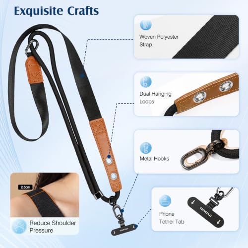 MoKo Adjustable Phone Lanyard Crossbody Strap with 2 Hanging Loops - color: Black