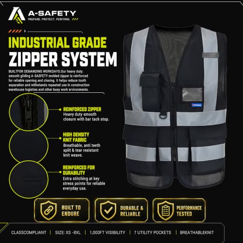 A-SAFETY High Visibility Reflective Vest, Mic Tabs, Front Zipper, Black, S - color: Black, size: Small