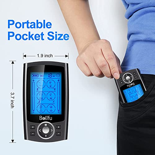 Belifu Dual Channel TENS EMS Unit 24 Modes Muscle Stimulator for Pain Relief Therapy, Electronic Pulse Massager Muscle Massager with 10 Pads, Dust-Proof Drawstring Storage Bag, Fastening Cable Ties - color: Black