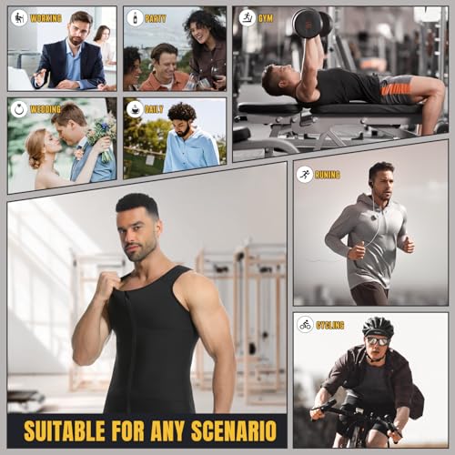 Mens Compression Shirt Zipper, Gynecomastia Tummy Control Vest, Back Support Shapewear Slimming Undershirt - color: Black, size: Large