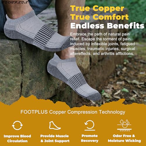FOOTPLUS Copper Compression Socks,Unisex Cushioned Sole Arch Support Athletic Ankle/Crew Running Hiking Socks - color: 6 Pairs- Grey&black, size: Medium