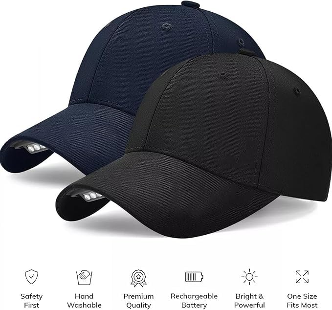 Baseball Cap with Light, Hands Free LED Baseball Cap with 5 LED Battery Powered Headlamp Hat Flashlight Hat - color: Black+black
