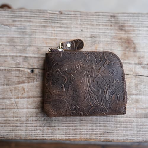 JJNUSA Genuine Leather Zipper Coin Purse Wallet With Key Car Smart Holder, Change Purse, Coin Pouch Holder For Men (flowerdarkbrown) - color: flowerdarkbrown