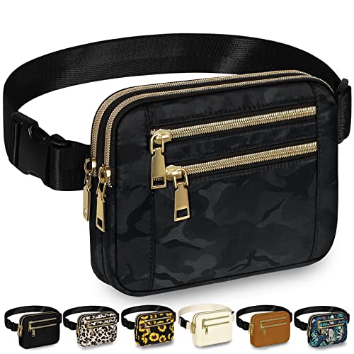 Capolo Fanny Packs for Women 4 Zip Pocket Crossbody Belt Bag Waist Bags - color: Black Camo, size: Medium