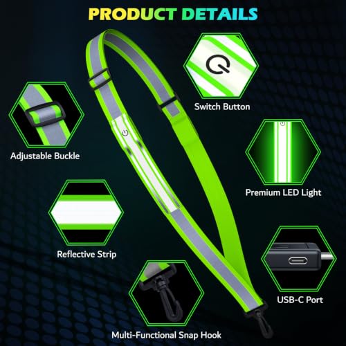 Fokia Kunbio LED Reflective Running Gear High Visibility Reflective Belt Sash with Armband for Walking at Night,Adjustable Running Safety Gear Light Up Running Belt for Runners Walkers Men Women - color: Green