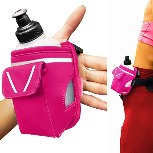 2-in-1 Running Fun: Handheld 12 Oz Water Bottle & Running Belt Add-On. No-Grip Design Straps on Hand & Slides on Belt. Waterproof Pocket for Money, Keys. Maximize Time, Freedom & Health - color: Hot Pink