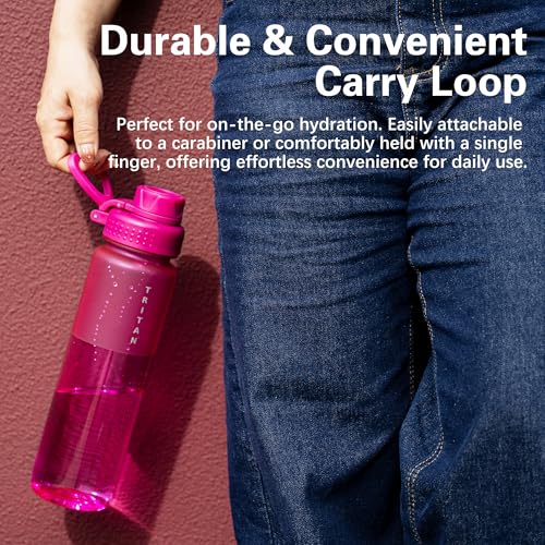 OLDLEY 32 oz Water Bottle with Handle, BPA-Free Tritan Reusable Sports Water Bottle with Leak-Proof Dust Lid, Wide Mouth, Cup Holder Friendly, Half Frosted Clear Bottle for Gym, Travel, Work,Hot Pink - color: Hot Pink