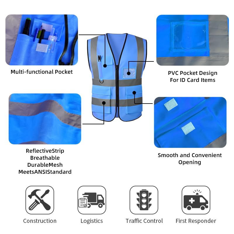 Safety Vest High Visibility Reflective Construction Vest - color: Blue, size: Small