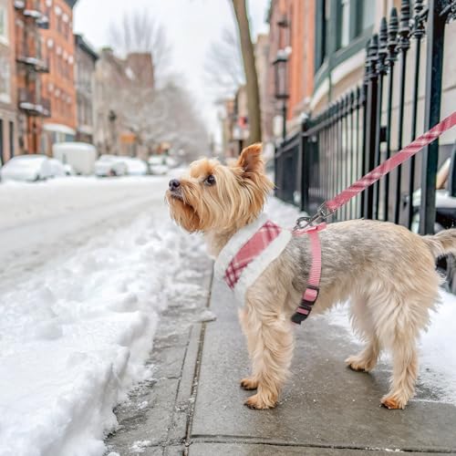 SCENEREAL Small Dog Harness and Leash Set, Fleece Pink Plaid,XS - color: Fleece-Pink Check Pattern, size: XS: Chest Girth: 10"-14"