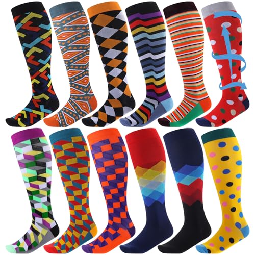 Shyyween 12 Pairs Men Knee High Compression Socks - size: XX-Large, style: Colorful Funky