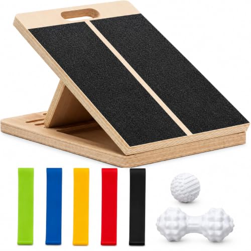 Frylr Slant Board for Exercise with Complete Mobility Kit, Foot Stretcher, Portable Foldable Wooden Wedge with 500 lb Capacity, Non-Slip Design, Carry Handle for Home, Gym and Office - style: Board + Bands + Balls