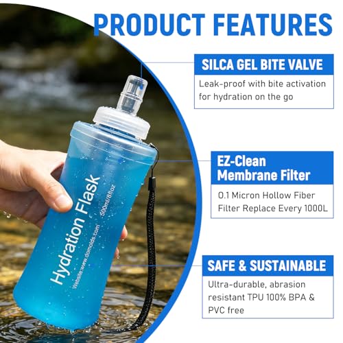 1L Collapsible Water Bottle with Filter for Hiking Backpacking(Blue)