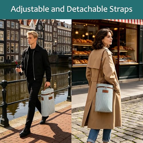 Tirrinia 2 Bottle Insulated Wine Tote Carrier Bag - color: Green Stripe, size: 2 Bottle-without front pocket