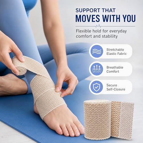 3" Elastic Bandage Wrap with Self-Closure, 2-Pack – 15 ft Stretched – Latex-Free, Reusable, Washable – Compression Support for Sprains, Injuries, Swelling, Sports Recovery - size: 3"