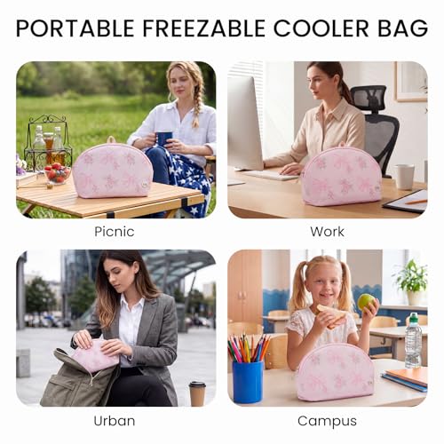 MEXS Small Cooler Bag, Freezable Snack Bag for Kids & Adults, Small Insulated Lunch Bag with Upgraded Thicker Ice Pack, Reusable Mini Cooler for Work/School/Travel - color: Pink Bow
