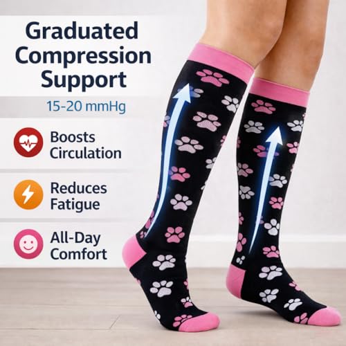 COUVER Unisex Graduated Athletic Compression Socks - color: Dog Paws Print, size: Small-Medium