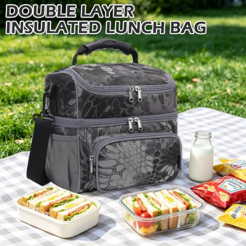 FlowFly Double Layer Cooler Insulated Lunch Bag Adult Lunch Box Large Tote Bag for Men, Women, With Adjustable Strap,Front Pocket and Dual Large Mesh Side Pockets - color: MWH