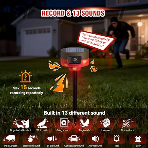 Solar Outdoor Motion Sensor Alarm-Dog Barking or Gunshot Sound