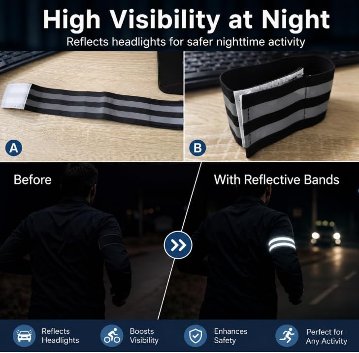 2 Pc Reflective Arm Bands Leg Straps for Running Cycling Night Safety Black
