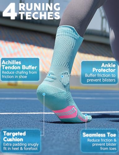 Juclise Women's Compression Crew Running & Hiking Socks, 3 Pairs, Cushioned - color: Bright Lilac+frosty Green+aqua, size: Small