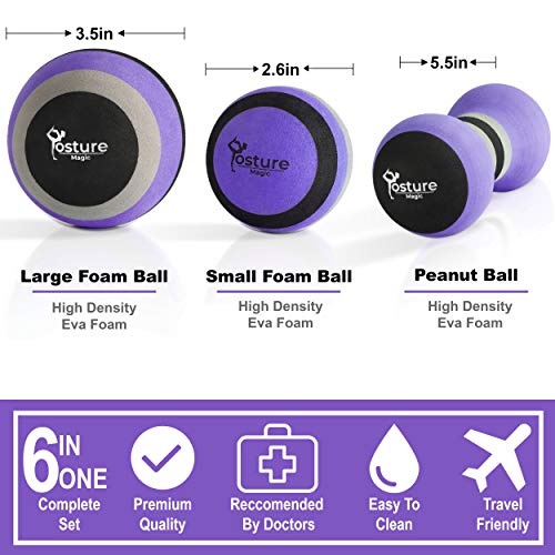 Posture Magic Massage Ball Kit for Myofascial Trigger Point Release & Deep Tissue Massage - Set of 6 - Large Foam/Small Foam/Lacrosse/Peanut/Spiky/Hand Exercise Ball (Purple) - color: Purple
